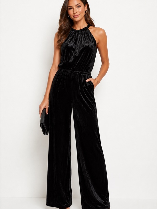 Trina Turk Pants - Trina Turk Black Velvet Party Halter Wide-Leg Jumpsuit SzS NWT FLAWED NO BELT